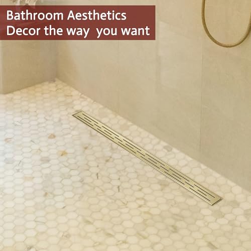 Linear Shower Drain, 36" Brushed Gold, Easy to Install & Clean | Including Hair Catcher & Removable Grate, Fits No-hub System, 304 Stainless Steel(Drain Base Not Included) - color: Brushed Gold, size: 36 inch