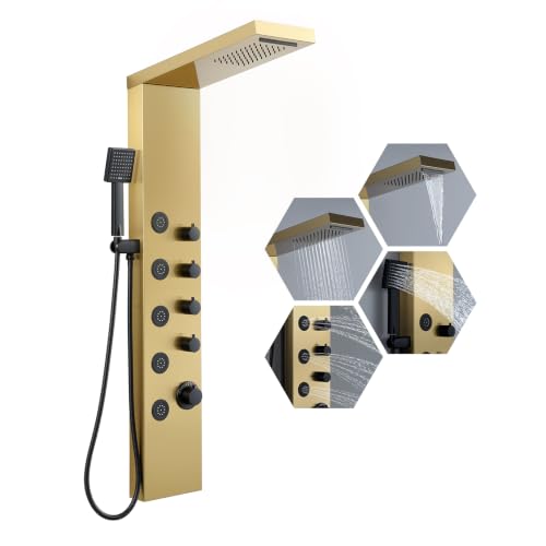 ROVATE 4-in-1 Rainfall Waterfall Shower Panel Tower System, Brushed Gold | Shower Column with Body Massage Jets and Handheld, Stainless Steel High Pressure, Use Multiple Functions Simultaneously - color: Brushed Gold