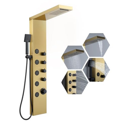 ROVATE 4-in-1 Rainfall Waterfall Shower Panel Tower System, Brushed Gold | Shower Column with Body Massage Jets and Handheld, Stainless Steel High Pressure, Use Multiple Functions Simultaneously - color: Brushed Gold