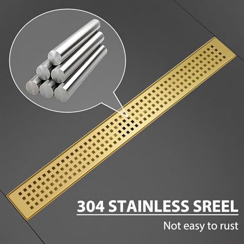 SaniteModar Linear Shower Drain 18 inch Brushed Gold with Square Hole Panel | AISI 304 Stainless Steel Brushed Gold Linear Dain Rectangle Shower Floor Drain with Hair Strainer and Leveling Feet - color: Brushed Gold, size: 18 inch