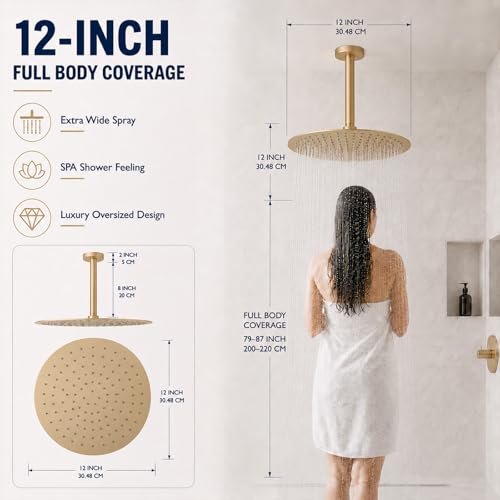 12 Inch Round Rainfall Shower Head, High Pressure Overhead Shower Heads, Wall Ceiling Mounted Ultra Thin Stainless Steel Shower Head, Brushed Gold - color: Brushed Gold, size: 12-Inches, style: Round