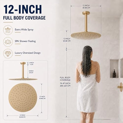 12 Inch Round Rainfall Shower Head, High Pressure Overhead Shower Heads, Wall Ceiling Mounted Ultra Thin Stainless Steel Shower Head, Brushed Gold - color: Brushed Gold, size: 12-Inches, style: Round