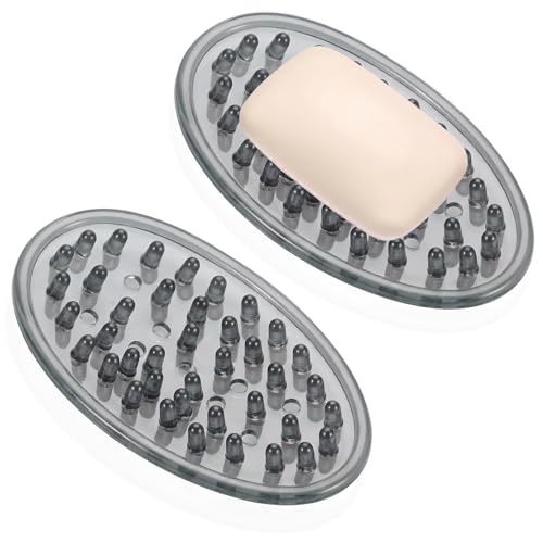 2 Pcs Plastic Soap Holder Soap Dish Bar Saver Tray with Holes Sponge Holder for Kitchen Bathroom Shower Counter, 4.5 x 3 x 0.7 Inches (Light Gray) - color: Light Gray