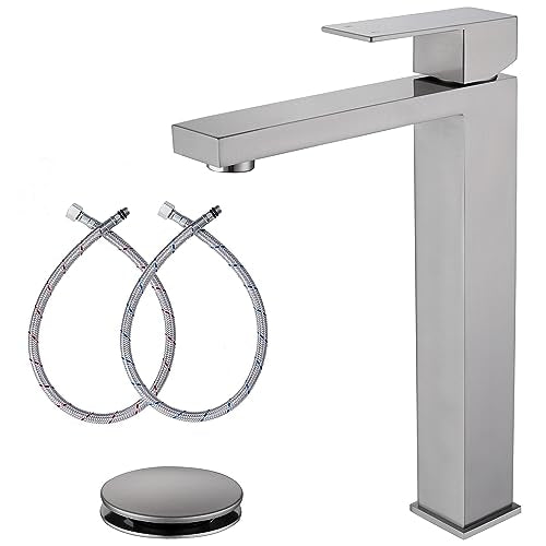 Brushed Nickel Vessel Sink Faucet, Tall Bathroom Faucet 1 Hole | Stainless Steel Single Hole Bathroom Sink Faucet, Tall Vanity Faucet with Pop Up Drain - color: Brushed Nickel, size: Tall