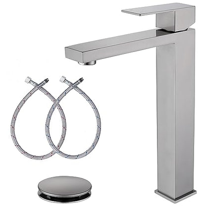 Brushed Nickel Vessel Sink Faucet, Tall Bathroom Faucet 1 Hole | Stainless Steel Single Hole Bathroom Sink Faucet, Tall Vanity Faucet with Pop Up Drain - color: Brushed Nickel, size: Tall