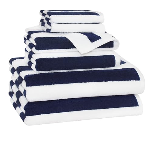 ORIGINAL KIDS 6 Piece Towel Set - 100% Cotton Cabana Stripe Kids Towel Set | Bath Time Rugby Stripe Beach Pool Bathroom Towel Set - Soft Absorbent Plush - 2 Bath Towel, 2 Hand Towel, 2 Washcloth - Navy - color: Navy White, size: Set of 6 - Bath-Hand-Wash