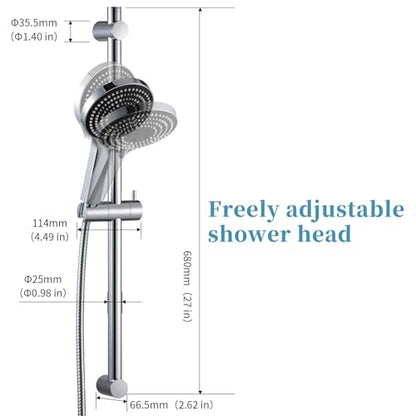 OFFO Shower Slide Bar Combo, Adjustable 27 in Slide Bar with 6-Mode High Pressure Handheld Shower Head and 60 in Stainless Steel Hose, Screw Wall Mounted, Chrome - color: Chrome, style: 27" Slide Bar & 60" Hose