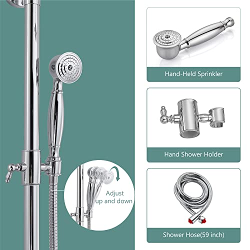 Heyalan Dual Shower System, 8 Inch Rain Head, Handheld, Polished Chrome | Dual shower system with 8 inch rain head, handheld sprayer, exposed pipe design, two-handle control, and brass body. - color: Polished Chrome