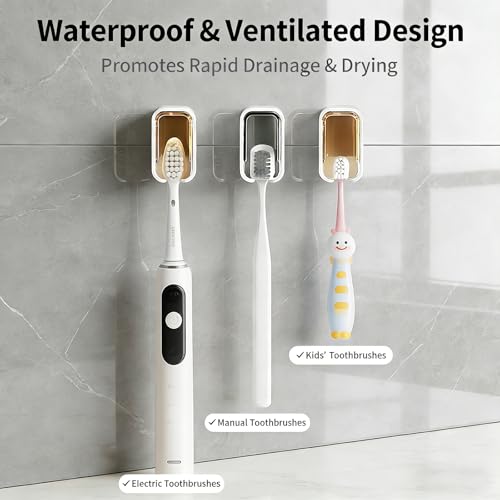 4pc Wall Mount Toothbrush Holder with Lid Self Adhesive No Drill | Clear Acrylic Dustproof Cover, Fits Electric Toothbrushes, Hygienic for Bathroom & Travel - size: 2 Beige, 1 Gray & 1 White