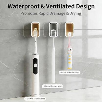 4pc Wall Mount Toothbrush Holder with Lid Self Adhesive No Drill | Clear Acrylic Dustproof Cover, Fits Electric Toothbrushes, Hygienic for Bathroom & Travel - size: 2 Beige, 1 Gray & 1 White