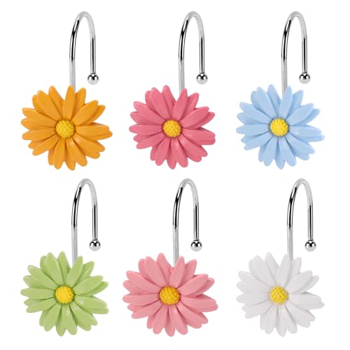 Flower Shower Curtain Hooks, 12 Pack Rustproof Stainless Steel Decorative, Bohemian Floral Bathroom Accessories for Curtain Rod and Shower Rod (Pastel Daisy) - color: Pastel Daisy