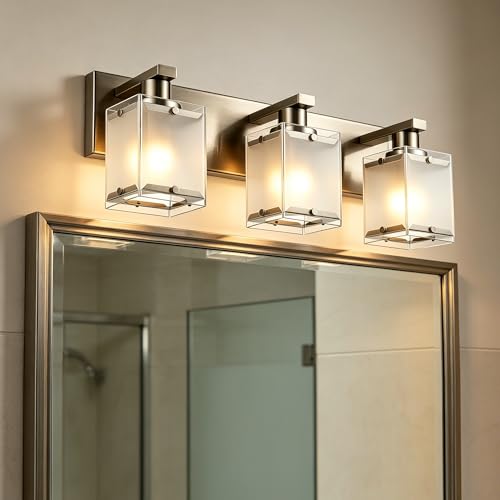 Modern 3-Lights Brushed Nickel Vanity Lights, Bathroom Light Fixture Over Mirror Wall Lighting Sconces with Frosted Glass Shades, E26 Bulb Base - color: Brushed Nickel, Frosted Glass, size: 3-Lights