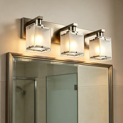 Modern 3-Lights Brushed Nickel Vanity Lights, Bathroom Light Fixture Over Mirror Wall Lighting Sconces with Frosted Glass Shades, E26 Bulb Base - color: Brushed Nickel, Frosted Glass, size: 3-Lights