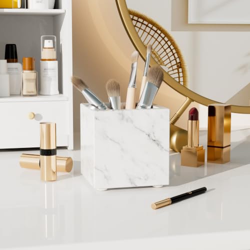Marble Toothbrush Holder,Pencil Cup,3.9x3.9x3.9in,Carrara White | Makeup Brush Holders with Anti Slip Foot Pads, Rectangular Toothbrush Organizer,Natural Stone Utensil Container for Bathroom - color: Carrara White