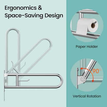 29.5 Inch Foldable Toilet Grab Bars, Bathroom Stainless Steel Handrails with Paper Holder, Handicapped Flip-Up Handles, Senior Safety Rails, Wall Mounted Hand Grips, for Elderly, Disabled, Pregnant - size: 29.5 inches