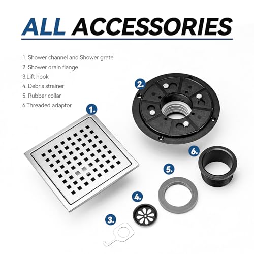 Square Shower Floor Drain, Matte Black Finish, Grid Pattern Strainer Cover (Brushed, Grate) - color: Brushed