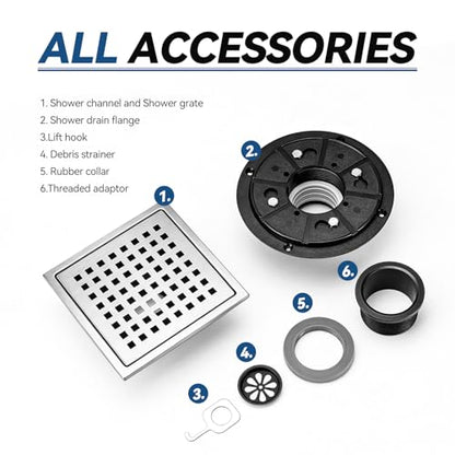 Square Shower Floor Drain, Matte Black Finish, Grid Pattern Strainer Cover (Brushed, Grate) - color: Brushed