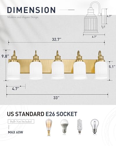HWH INVESTMENT 5-Light Bathroom Vanity Light, Brushed Gold, 5HZG106B-5W BG | 33-Inch Hardwired Wall Light with Frosted Bell-Shaped Glass; 5 E26 Bulbs, Max 60W Each; Reversible Up or Down Mount - color: Brushed Gold, size: 5-Light