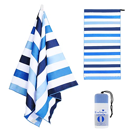 Exclusivo Mezcla Quick Dry Beach Towel, Large Lightweight Sandfree Pool Towel for Swimming Camping Travel with Bag (Blue, 30x60 Inches) | 30x60 Inches, Lightweight, Sandfree, Super Absorbent, Swimming Towel for Camping Travel with Bag, Blue - color: Strip