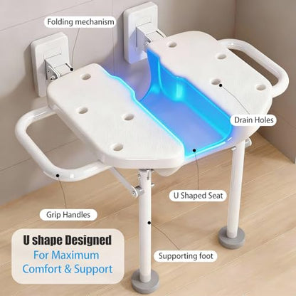 Wall Mounted Folding Shower Seat with U-Shaped | 330lbs Heavy Duty Support, Bathroom Safety Stool, For Elderly, Adults, Pregnant Women & Disabled