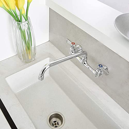 Wall Mount Kitchen Faucet 16" Gooseneck Swivel Spout, Chrome | Lead-Free Solid Brass,Dual Handle Hot/Cold,8" Center,Commercial Sink Faucet for Laundry Restaurant Utility Sinks,Rustproof - size: 16 Inch