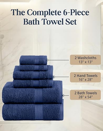 LANE LINEN Bath Towel Set Absorbent Quick Dry 100% Cotton 6 Piece - Navy | Cotton Towels For Bathroom - OEKO-TEX Certified, Ring-Spun Durability, Ring-Spun Cotton, Terry Weave Comfort - color: 06: Navy Blue