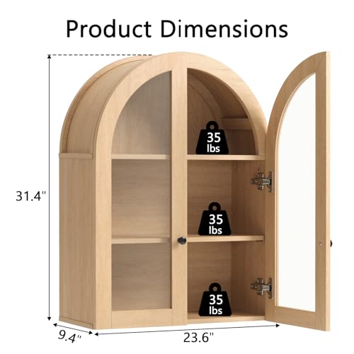Bathroom Arched Wall Cabinet, 23.5'' Wide Medicine Cabinet, Bathroom Cabinet Wall Mount W/ Glass Doors & Adjustable Shelves, Over The Toilet Storage Cabinet for Laundry Room, Bedroom,Kitchen,Natural - color: Natural
