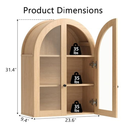 Bathroom Arched Wall Cabinet, 23.5'' Wide Medicine Cabinet, Bathroom Cabinet Wall Mount W/ Glass Doors & Adjustable Shelves, Over The Toilet Storage Cabinet for Laundry Room, Bedroom,Kitchen,Natural - color: Natural
