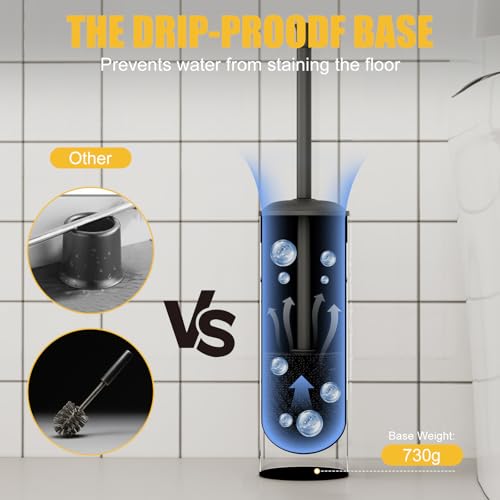 Toilet Brush and Holder, Toilet Cleaner Bowl Set with Two Brush with Extra Long Handle, Durable Bristles Toilet Scrubber and Covered Holder, Drip-Proof Stainless Steel Matte Black - color: Matte Black