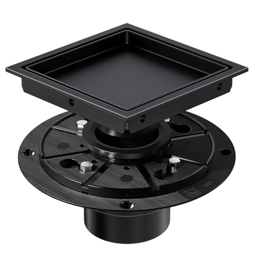 EXF Square Shower Drain 6 Inch Matte Black with Tile Insert Grate | 304 Stainless Steel, ABS Flange, Debris Strainer, Adjustable Height - color: Matte Black, size: 6 IN