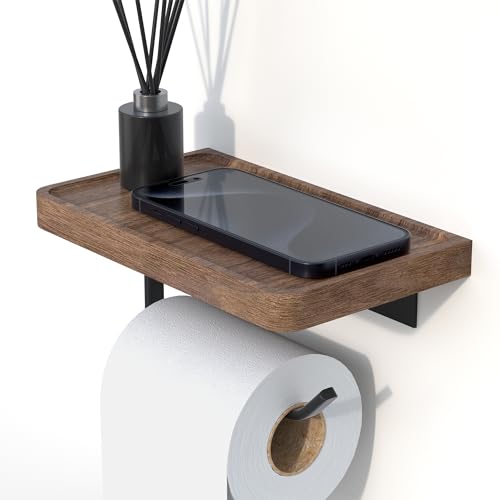 Toilet Paper Holder with Black Walnut Wood Shelf, Wall Mounted & Adhesive Mounted Wooden Shelf for Hanging Roll Tissue, Place Phone, Aromatherapy for Bathroom, Washroom - color: Walnut