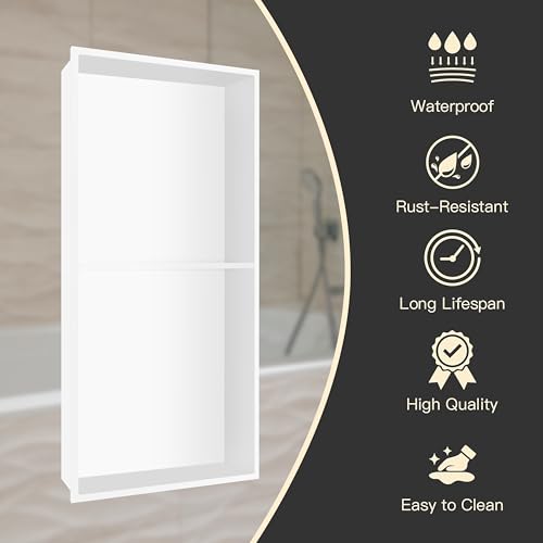 Homevacious 12"×24" Stainless Steel Shower Niche No Tile Needed White | Double Shelves Bathroom Shelf Rimless Recessed Wall Niche for Bathroom Storage - color: White