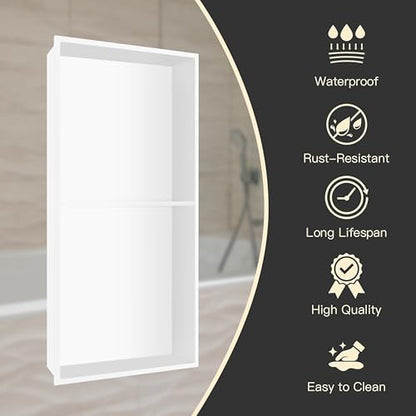 Homevacious 12"×24" Stainless Steel Shower Niche No Tile Needed White | Double Shelves Bathroom Shelf Rimless Recessed Wall Niche for Bathroom Storage - color: White