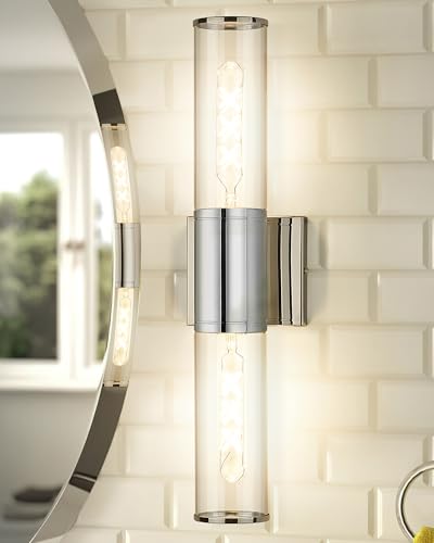 2-Light Chrome Bathroom Vanity Light Fixtures, Clear Glass Shade | Modern bathroom wall sconces, vertical/horizontal mounting, E26 base, hardwired, bulbs not included, VL834-CH-CL - color: Chrome-Clear Glass