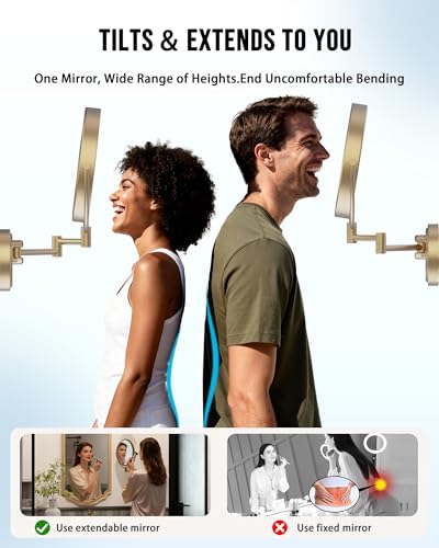 10" Lighted Wall Mount Magnifying Mirror Rechargeable, Satin Brushed Gold | 1X/5X Double-Sided Bathroom Makeup Vanity, 3 Color Lighting Touch Dimmable, 360 Rotation Extended Swing Arm, Brass Frame - color: Satin Brushed Gold