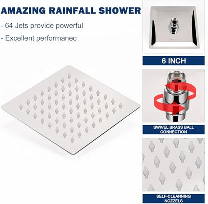 NearMoon Rain Shower Head, High Flow Stainless Steel Square Rainfall Shower, High Pressure Design, Awesome Shower Experience Even At Low Water Flow (6 Inch, Chrome Finish) - color: Chrome Finish, size: 6 Inch Square