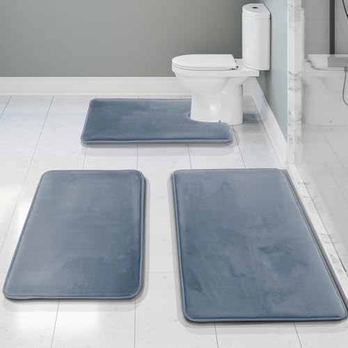 Clara Clark 3 Piece Bathroom Rugs, Velvet Memory Foam Bath Mat Set, Non-Slip Bath Rugs, Machine Wash, Dries Quickly, Ultra Soft Plush Bath Mats for Bathroom, 17 x 24/20 x 32 / Contour, Stone Blue - color: Stone Blue