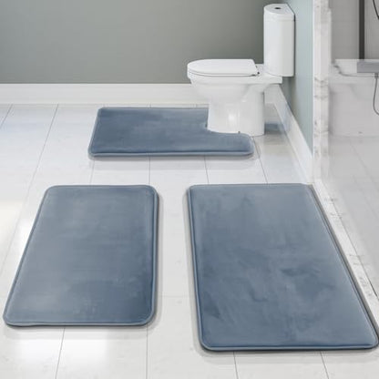 Clara Clark 3 Piece Bathroom Rugs, Velvet Memory Foam Bath Mat Set, Non-Slip Bath Rugs, Machine Wash, Dries Quickly, Ultra Soft Plush Bath Mats for Bathroom, 17 x 24/20 x 32 / Contour, Stone Blue - color: Stone Blue
