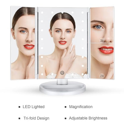 Dresser Mount Tri-Fold Lighted Vanity Mirror with 21 LED Lights, Touch Screen and 3X/2X/1X Magnification, Two Power Supply Modes Make Up Mirror,Travel Mirror - color: Silver