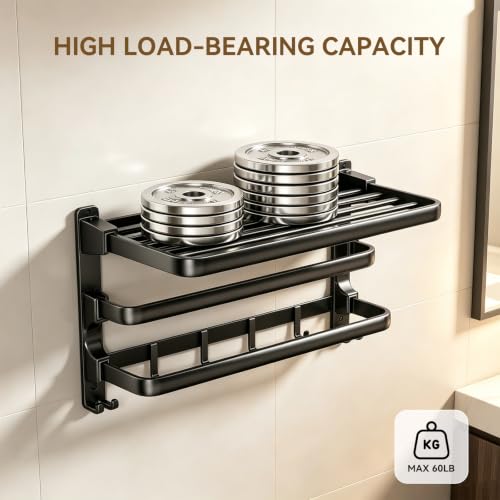 24 Inch Towel Rack for Bathroom, Wall Mounted Shelf with 2 Bars and 7 Hooks, Foldable Double Towel Rod, Space Saving Rustproof Storage Organizer for Bathroom, Hotel and Lavatory, Matte Black