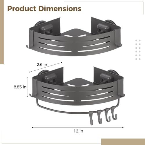 2 Pcs Corner Shower Caddy, Double-Layer Suction Cup No-Drilling Aluminum Organizer, Gray Triangular Bathroom Shelves with Towel Bar & Hooks, Wall Mount Space-Saving for Shower & Kitchen