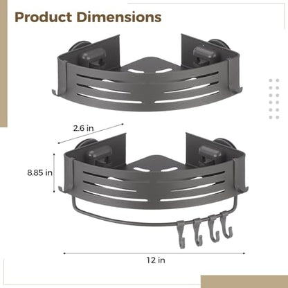 2 Pcs Corner Shower Caddy, Double-Layer Suction Cup No-Drilling Aluminum Organizer, Gray Triangular Bathroom Shelves with Towel Bar & Hooks, Wall Mount Space-Saving for Shower & Kitchen