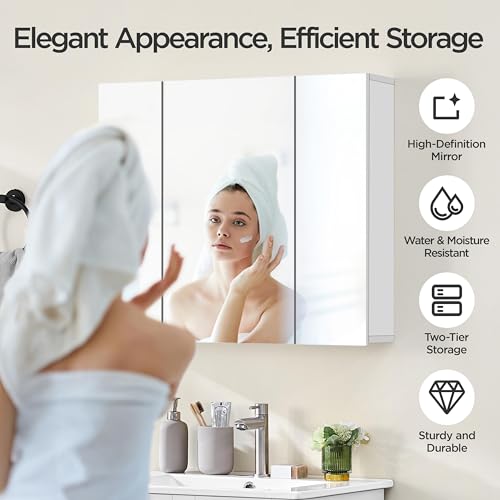 Yaheetech 28" White Bathroom Medicine Cabinet with 3 Frameless Mirror Doors | Bathroom Mirror with Storage, 28" x 24" x 6" MDF Wall Cabinet, Adjustable Shelf, Soft-Close Glass Doors, Frees Up Counters - style: 3 Doors