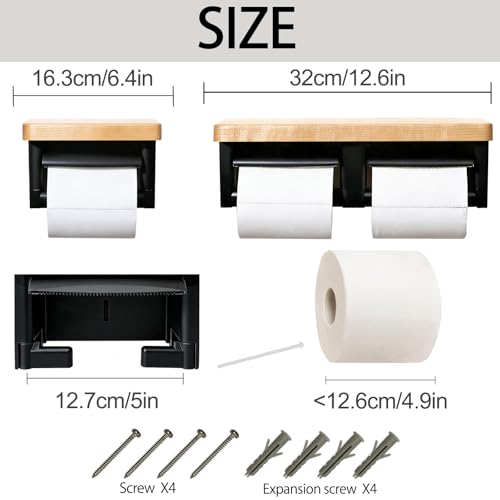 Wooden Toilet Paper Holder, Wood Wall Mount Toilet Paper Holder, Large Toilet Paper Holder Wall Mounted with Storage - color: Wood White&black, size: Full