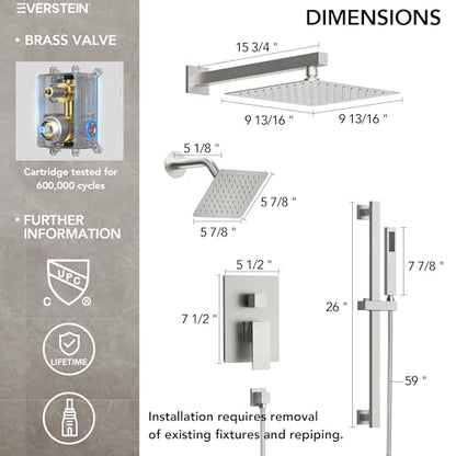 EVERSTEIN 10" High-Pressure Rainfall Shower Faucet with Handheld Spray, Wall Mount Dual Shower Head System with Slide Bar (Brushed Nickel) - color: Nickel, style: Wall Mount-with Slide Bar