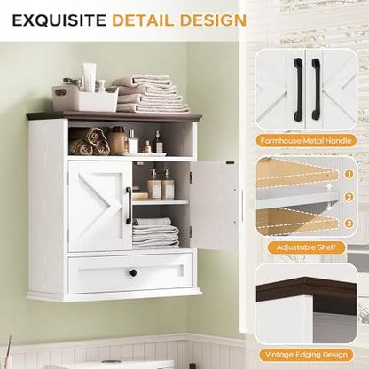 Bathroom Wall Cabinet, Wall Mounted Medicine Cabinet 24.4"H x 23.6"W x 9"D | With Drawer, Barn Doors & Adjustable Shelf, White Over Toilet Farmhouse Storage Cabinet for Kitchen, Laundry Room, Entryway - color: White