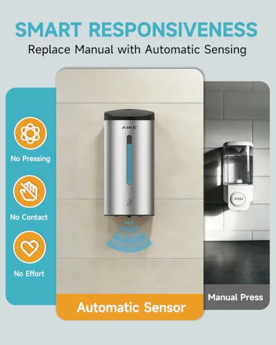 AIKE Classic Automatic Soap Dispenser,25oz for Commercial,Brushed AK1205E | 5-Level Adjustable and Savety Key for Commercial(4*AA Batteries Not Included),No-drill and Screw Wall Mount for Space-Saving - color: Brushed Stainless Steel