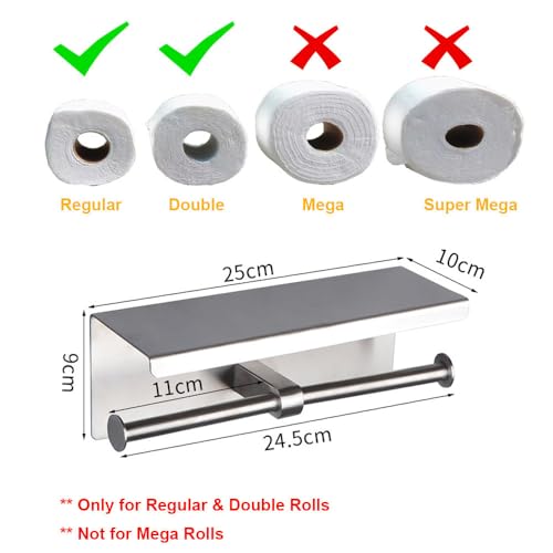 Double Toilet Paper Holder with Shelf Double Roll Toilet Paper Holder Wall Mounted Stainless Steel for Bathroom (Silver) - color: Silver-double With Shelf, size: Fits Regular Rolls