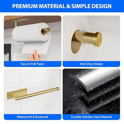 Paper Towel Holder Under Cabinet, Self-Adhesive,No Drilling, Stainless Steel, Wall-Mounted for Kitchen and Bathroom, Easy Install, Durable, Space-Saving, Ideal for Home, RV (Gold, 2 Pack) - color: Gold-2 Pack