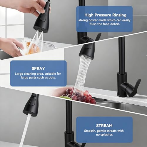 Kitchen Faucet Head Replacement with 3 Modes, Pull Down Spray Head for Kitchen Faucet, Kitchen Sink Sprayer Replacement Compatible with Moen, American Standard, Kohler Faucets - color: Matte Black